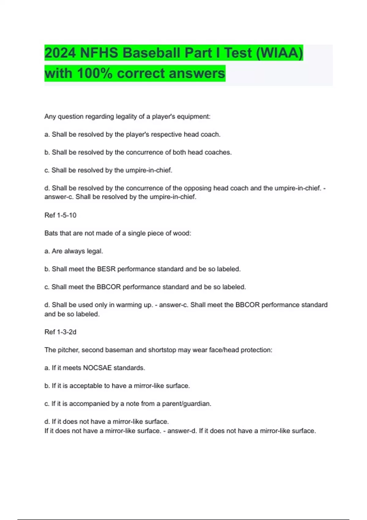 2024 nfhs baseball exam part 1 answers