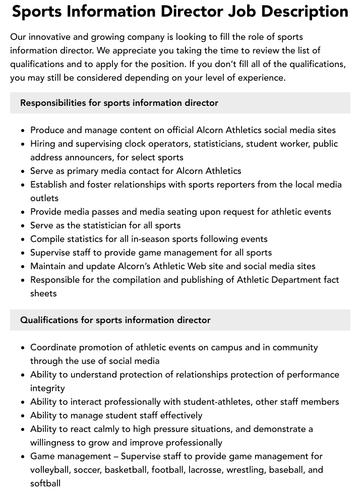 Sports Information Director Job Description: Duties and Responsibilities
